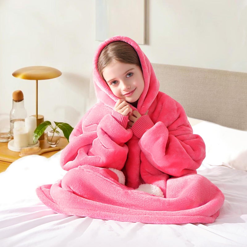 Touchat Wearable Blanket Hoodie, Oversized Sherpa Blanket Sweatshirt with Hood Pocket and Sleeves, Super Soft Warm Plush Hooded Blanket for Kids and Girls, One Size Fits All (Pink) - Image 2